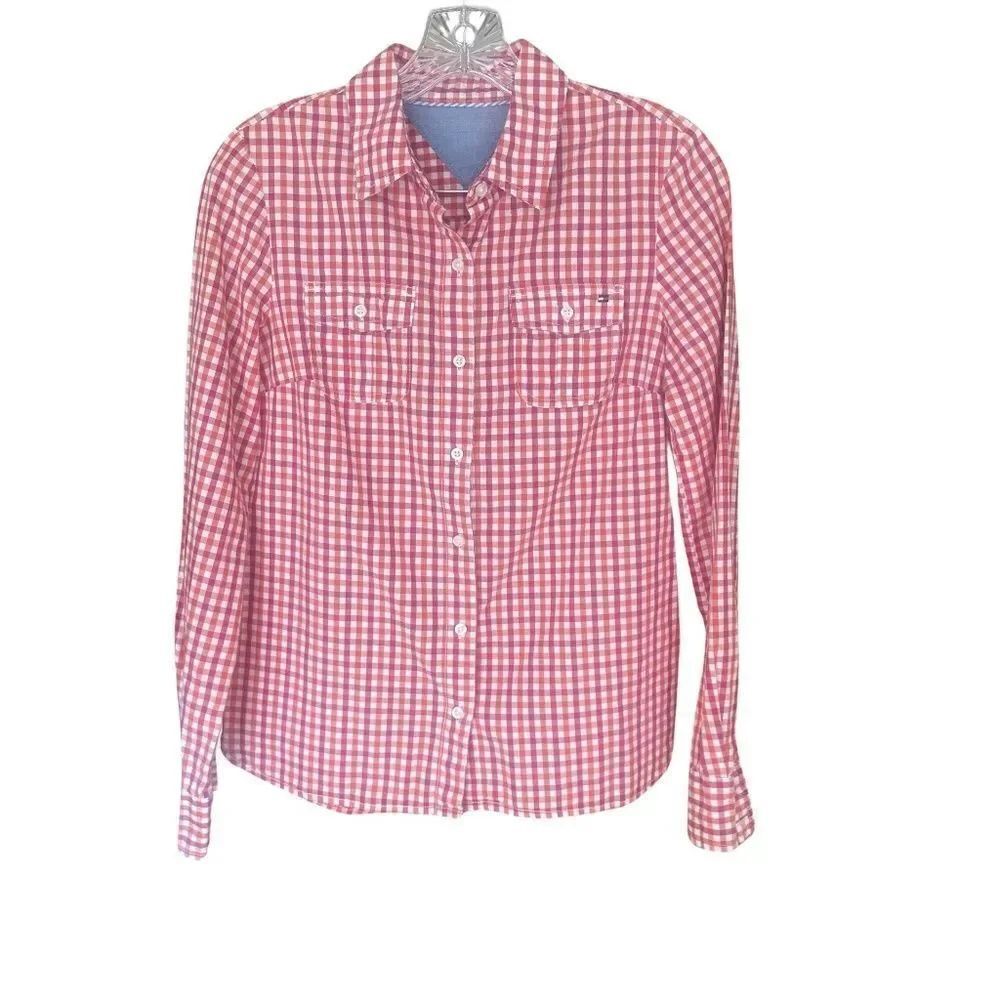 Tommy Hilfiger Womens Long Sleeve ButtonUp Gingham Pink/White/Orange Size Small